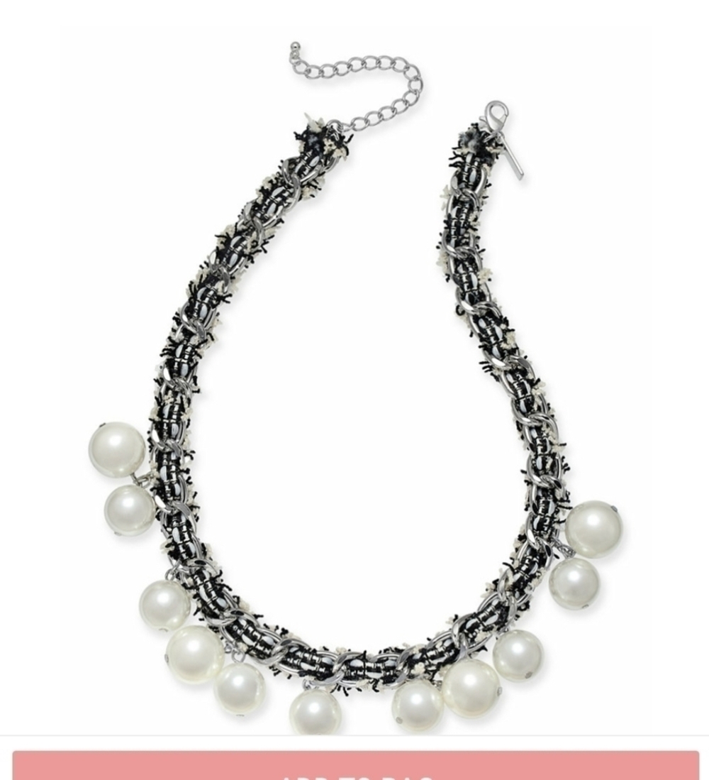 INC SILVER TONE FABRIC WEAVED PEARL NECKLACE MACYS‎